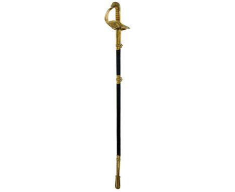A GOOD COPY OF AN RAF SWORD, 83cm blade etched with scrolling foliage, Royal arms and service badge, regulation pierced brass