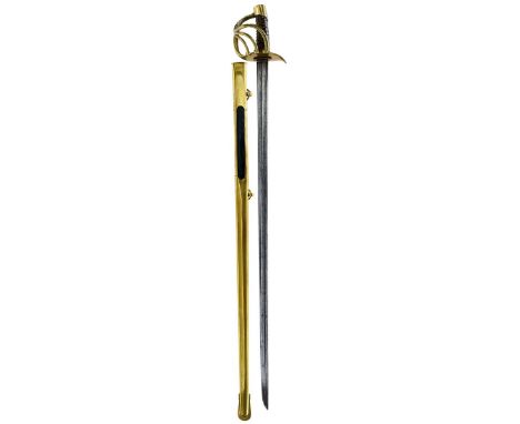 A FRENCH CUIRASSIER OFFICER'S SWORD, 97cm double fullered blade with hatchet point, decorated with scrolling foliage and stan