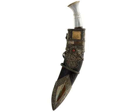 A PRESENTATION GURKHA RIFLES KUKRI, 30cm double fullered blade, characteristic alloy hilt with brass pommel cap stamped with 