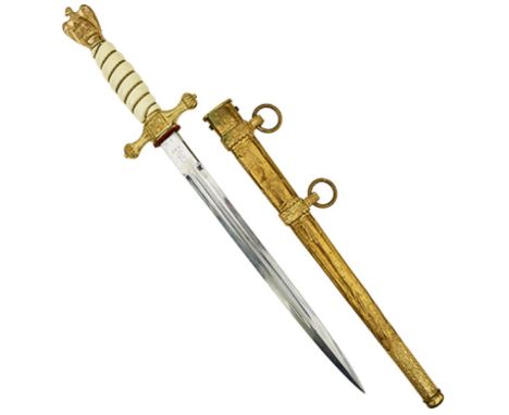 A THIRD REICH KRIEGSMARINE OFFICER'S DAGGER, 25cm flattened diamond section fullered plain blade by WKC, regulation gilt hilt