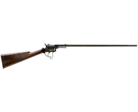 A SCARCE LEFAUCHEUX DESIGNED 12MM SIX-SHOT PINFIRE REVOLVING RIFLE, 25.5inch sighted octagonal blued barrel, engraved at the 