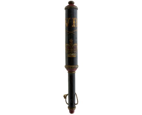 A VICTORIAN PAINTED WOOD TRUNCHEON, painted in polychrome with VR cypher, crossed batons and a Royal crown on a black ground 
