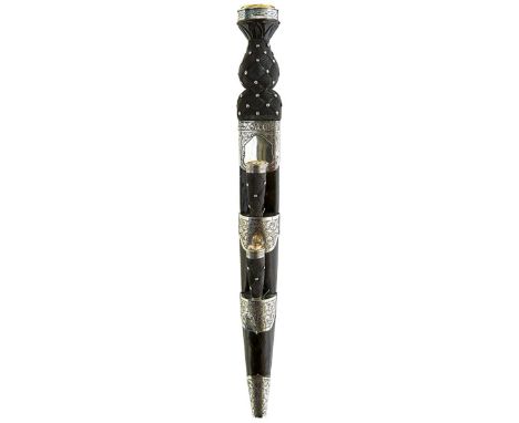 A WHITE METAL MOUNTED SCOTTISH DIRK BY JOHN SELLERS, 28.25cm fullered blade with faceted back edge, characteristic white meta
