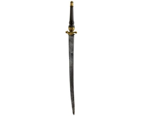AN EARLY 18TH CENTURY GERMAN PLUG BAYONET, 42cm double fullered blade etched with hunting scenes and panels of foliage, furth