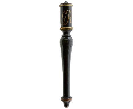 A GEORGE III OR IV TURNED WOOD BALUSTER TRUNCHEON, 1760-1830, painted in gilt with GR cypher on a black ground, 30cm. Provena