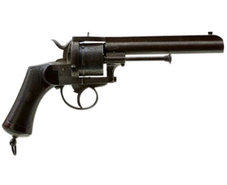 A BELGIAN 12MM SIX-SHOT PERLOT FRERES PINFIRE REVOLVER, 7.25inch sighted two-stage barrel with foliate engraved breech, borde