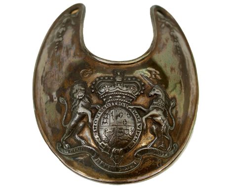AN OFFICER'S SILVER COLOURED METAL GORGET, pattern shows the pre 1799 Royal arms in repousse with G and R respectively above 