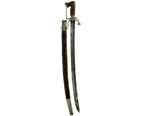 A 19TH CENTURY ARAB NIMCHA OR SWORD, 70.5cm triple fullered blade decorated with star and crescent moon forms, characteristic