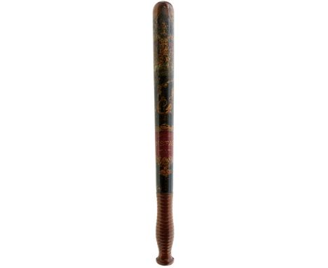 A VICTORIAN PAINTED WOOD TRUNCHEON, decorated in polychrome with the Royal crown, VR cypher, and CONSTABLE in gilt within a r