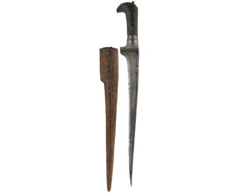 A 19TH CENTURY AFGHAN PESH-KABZ OR CHOORA, 35cm T-section blade, characteristic steel hilt with two-piece riveted horn grips 