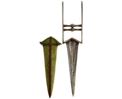 A 19TH CENTURY INDIAN KATAR OR DAGGER, 23cm multi fullered blade with armour piercing tip, characteristic hilt profusely deco