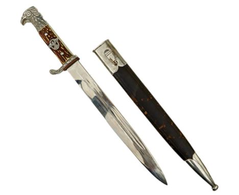 A THIRD REICH POLICE BAYONET, 25cm fullered blade by Puma, regulation plated hilt, two piece riveted horn grips with police b