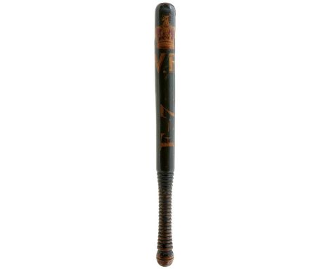 A VICTORIAN PAINTED WOOD TRUNCHEON, painted in polychrome with the Royal crown, VR cypher and F-7, on a green ground, 42.5cm 