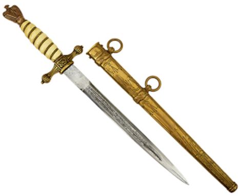 A THIRD REICH KRIEGSMARINE OFFICER'S DAGGER, 23.5cm double fullered bade by Eickhorn, decorated with naval motifs, regulation