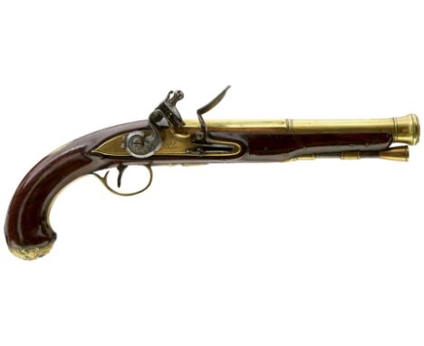 A FLINTLOCK BLUNDERBUSS HOLSTER PISTOL, 8inch two-stage brass barrel with ring turned flared muzzle, engraved LIVERPOOL on th