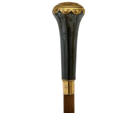 A FINE 19TH CENTURY RHINOCEROS AND GOLD HIGHLIGHTED OFFICER'S SWAGGER STICK OF THE ROYAL SCOTS FUSILIERS GUARDS, 74cm over al