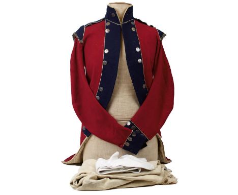 BISHOPSGATE VOLUNTEERS COATEE, BREECHES AND HOSE, 1798-1801. The dress coatee is of scarlet cloth with navy blue facings and 