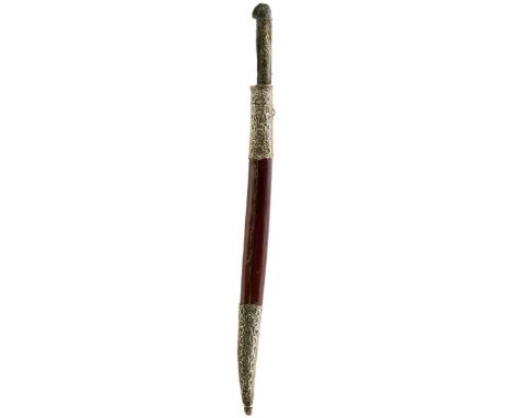 A 19TH CENTURY SILVER NIELLO YATAGHAN, 37cm blade chiselled with foliage and stamped with a maker's mark, silver niello reinf