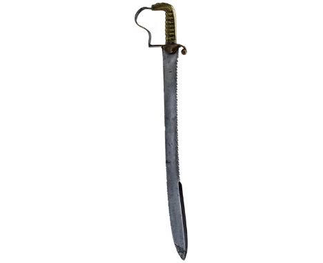 A GEORGIAN PIONEER'S OR RIFLEMAN'S SIDEARM, 56cm curved blade by Hadley with saw backed edge, regulation brass stirrup hilt w