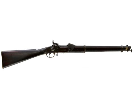 A .577 CALIBRE PATTERN 1856 PERCUSSION RIFLED CAVALRY CARBINE, 21inch sighted barrel fitted with rear leaf sights and leather