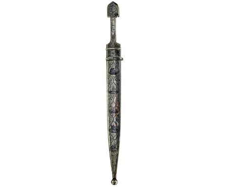 A GOOD 19TH CENTURY OTTOMAN SILVER NIELLO KINDJAL, 37cm triple fullered blade struck with an elongated maker's mark above the