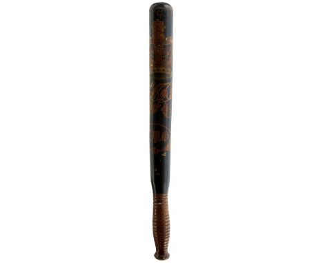 A LARGE VICTORIAN PAINTED WOOD TRUNCHEON, painted in polychrome with large Royal Crown, elaborate VR cypher, and FPO in gilt 