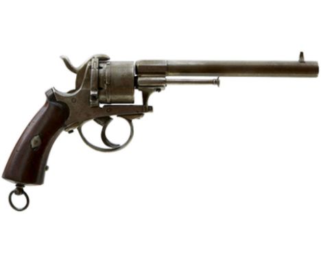 A BELGIAN 9MM SIX-SHOT PINFIRE OFFICER'S REVOLVER, 6.25inch sighted barrel, plain cylinder and frame, loading gate on right s