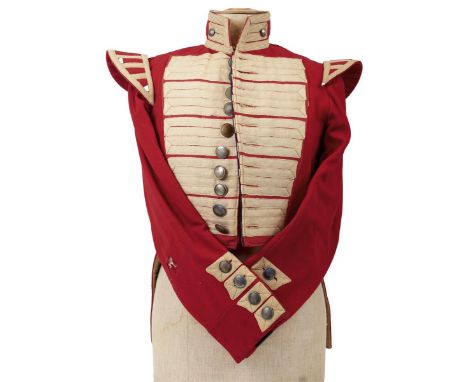 A BRITISH MILITARY MUSICIAN'S COATEE, scarlet cloth with white tape 'lace', now fitted with civilian white metal buttons, tog