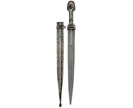 A 19TH CENTURY CAUCASIAN KINDJAL, 29.5cm triple fullered blade with rounded tip, characteristic hilt profusely decorated with