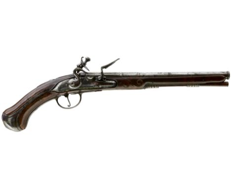 A 32-BORE FLINTLOCK HOLSTER PISTOL BY MARCHAND OF GRENOBLE, 11.75inch three-stage barrel with ring turned muzzle and reeded b