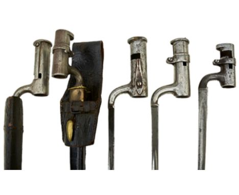 A NEW LAND PATTERN SOCKET BAYONET, complete with scabbard, together with a Pattern 1876 socket bayonet with scabbard, and thr