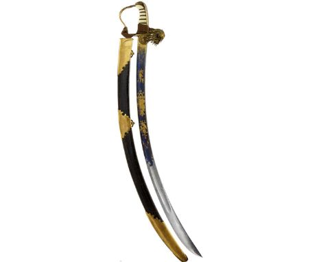 A GEORGIAN OFFICER'S SABRE, 77cm blade etched and gilt with trophies of arms, Royal arms, GR cypher and foliage against a blu