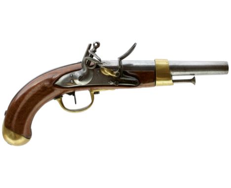 A .650 CALIBRE FRENCH FLINTLOCK SERVICE PISTOL, 8 inch barrel stamped P over 807 at the breech and M. an. 9 on the tang, step