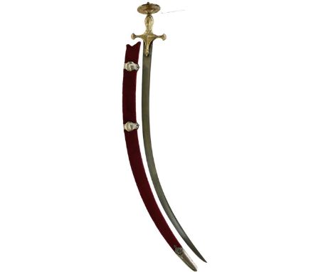 AN EARLY 19TH CENTURY INDIAN SIKH TULWAR OR SWORD, 76cm sharply curved wootz damascus blade, characteristic gilt and silvered