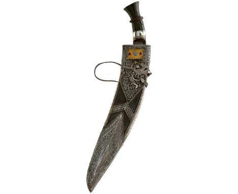 A 19TH CENTURY SILVER MOUNTED NEPALESE KUKRI, 32cm swollen single edge blade of conventional form, silver mounted horn hilt, 