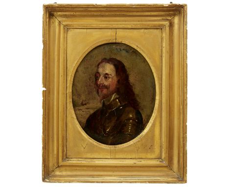 MANNER OF ANTHONY VAN DYCK, Bust length portrait of Charles I, oil on panel, 19 x 15.5cm oval, gilt slip and frame. Panel war