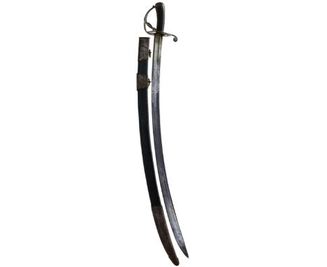 A LATE 18TH CENTURY GEORGIAN CAVALRY OFFICER'S SABRE, 88.5cm curved fullered blade with clipped back point, steel hilt with D