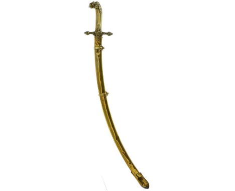 A 19TH CENTURY BANDSMAN'S SWORD, blade lacking, regulation brass hilt with bold lion's head pommel, fixed in to its brass sca