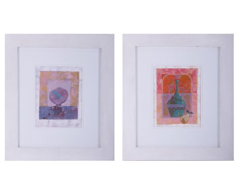 Terry McKivragan (1929 - 2012) two art works, 'Jug and Pear' and 'The Vase' watercolours, signed, 23cm x 44cm, framed and gla
