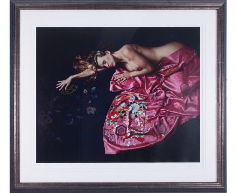 Douglas Hoffman, 'Lady With Pink Kimono' signed limited edition print 165/295, 63cm x 76cm, framed and glazed.