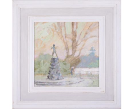 Terry McKivragan (1929 - 2012) 'Peter Pan at Kensington Gardens' oil on board, signed, 25cm x 25cm, exhibited at The Chelsea 