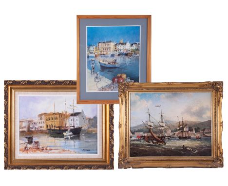 Two Plymouth pictures including Terry Burke oil on canvas 'Barbican', Richard Slater print of the Barbican also a reproductio