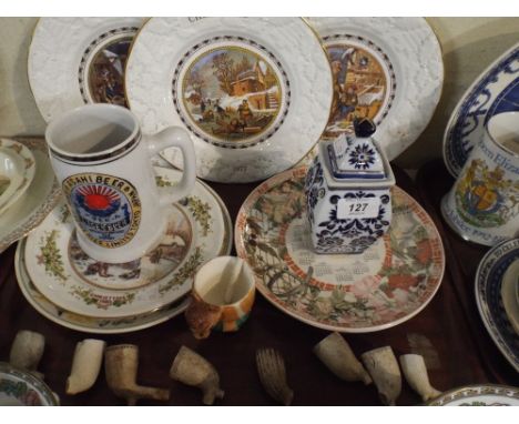 A Tray of Coalport Christmas and Calendar Plates Also Collection of Vintage Clay Pipe Bowls. 
