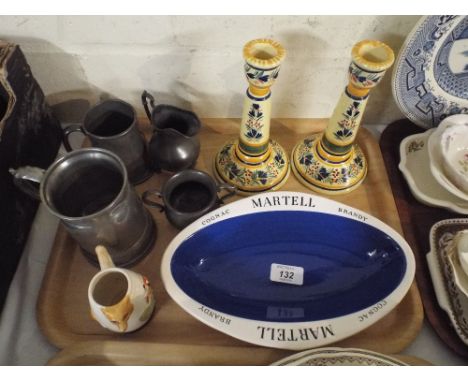 A Tray of Sundries to Include Pewter Tankards Cream Jug and Sugar Bowl, Quimper Ware Ceramic Candle Sticks, Martell Ash Tray 