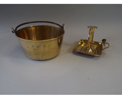 A Brass Bed Chamber Stick and A Brass Jam Kettle.