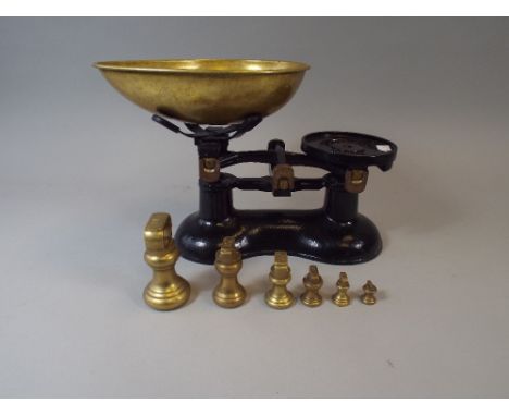 A Set of Brass Mounted Kitchen Scales and Weights.