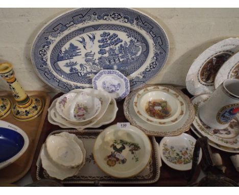 A Tray of Ceramics to Include Willow Pattern Oval Meat Dish, Children's Bowls, Aynsley Cottage Garden Trinket Dishes, Coalpor