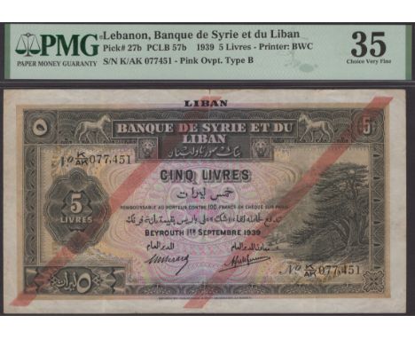 Banque de Syria et du Liban, Lebanon, 5 Livres, 1 September 1939, serial number K/AK 077451, two red diagonal lines across fa