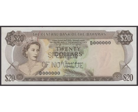 Central Bank of the Bahamas, specimen $20, 1974, serial number D000000, Donaldson signature, perforated SPECIMEN OF NO VALUE,