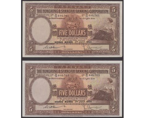 Hong Kong & Shanghai Banking Corporation, $5 (2), 1 July 1954, serial numbers D/H 446761-62, Stewart and Turner signatures, l